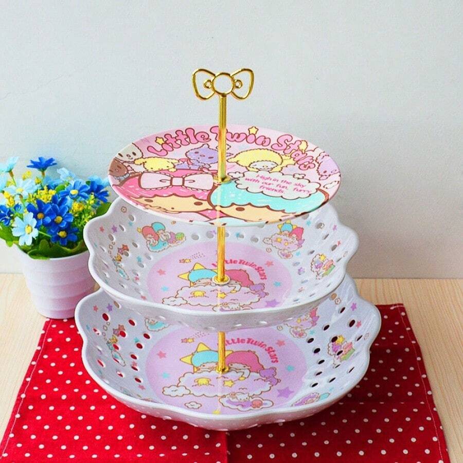 Sanrio Three Pieces Set Of Sanrio Melamine Imitation Ceramic Cute Hello Kitty My Melody Gemini Three-Layer Fruit Tray Cake Rack Cartoon Pattern, Item Placement Rack, Multi-Functional Placement Rack, Creative Living Room Modern Afternoon Tea Cake Rack, Multi-Layer Cake Rack, Item Storage Rack, Bathroom Storage Rack,