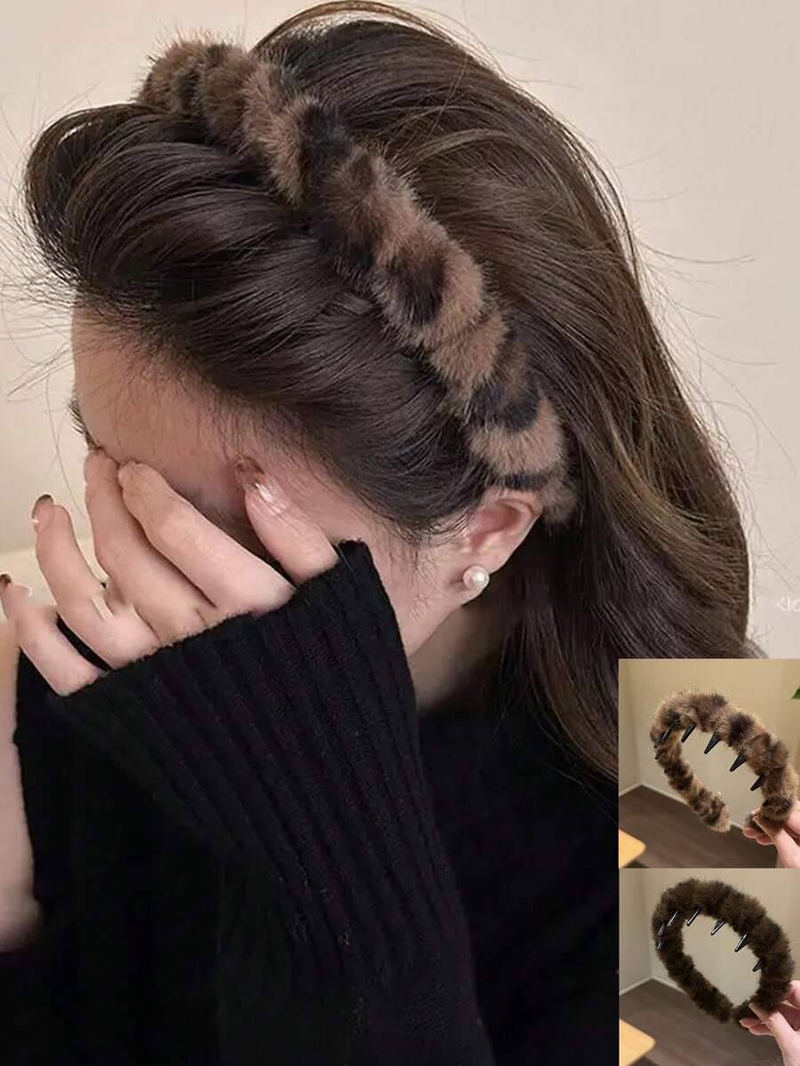 1pc Vintage Plush Leopard Print Wavy Hair Band, Women's Autumn/Winter Headband For Washing Face, High Crown Pressure Headband, Hair Accessory