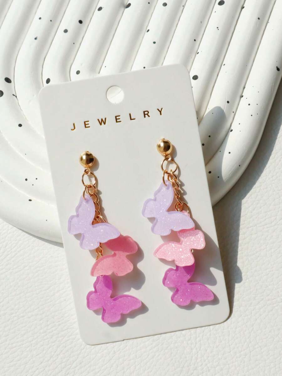 1 par de brincos de acrílico com design de borboleta rosa e roxo com brilhos brilhantes, estilo fofo e doce para mulheres, adequado como presente