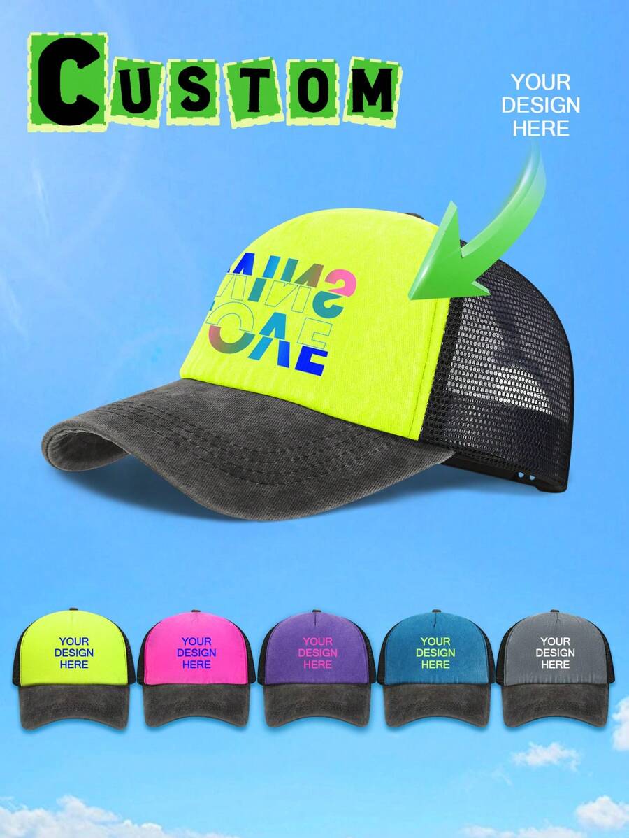 1 Gorra con malla tipo camionero unisex con texto/logotipo personalizado y bloque de color de esponja lavada, gorra de béisbol para parejas, gorra de béisbol personalizada de serie colorida, visera transpirable para uso al aire libre, adecuada para la vida diaria, playa, viaje, senderismo, primavera y verano