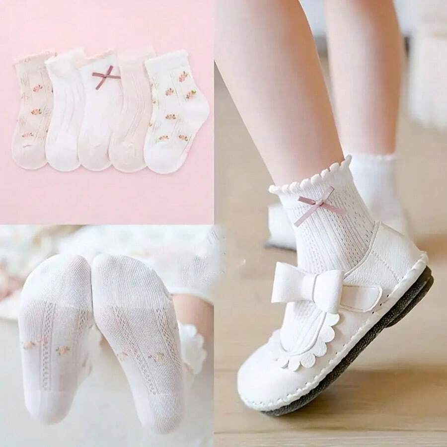 5pcs Girls' Breathable Mesh Socks With Cute Bow - Flower Pattern, Perfect Choice For Spring And Summer