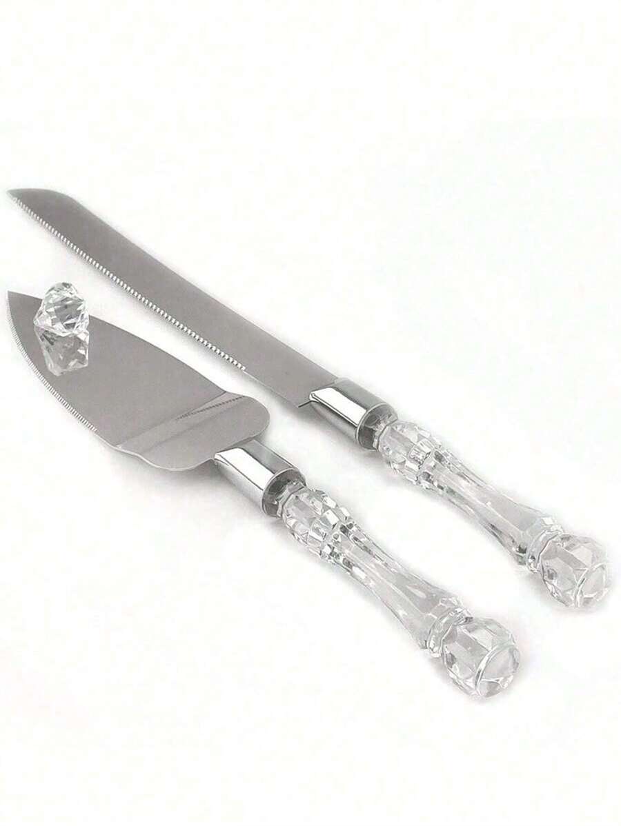 2Pcs/Set Wedding Cake Cutting Set, Including Stainless Steel Blade Cake Knife And Server, Silver Color With Acrylic Faux Crystal Handle, Perfect For Wedding, Bridal Shower, Anniversary, Housewarming And Birthday Gifts Christmas Gift Back To School