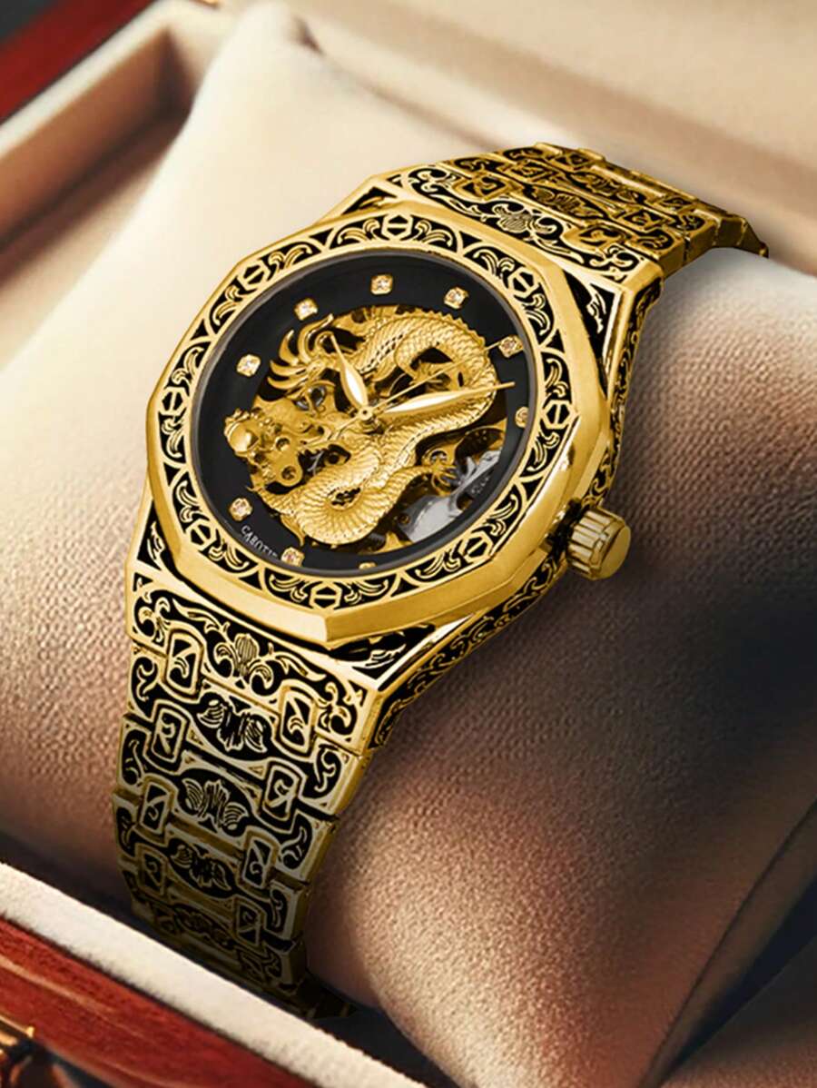 1 pieza Reloj de pulsera automático mecánico elegante y apuesto para hombres jóvenes con caja de acero con diseño estereoscópico de dragón grabado