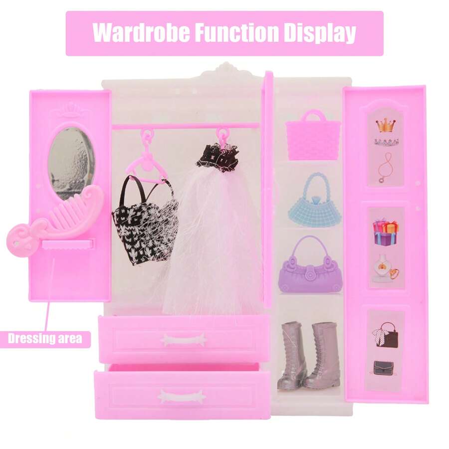 Set de muebles y accesorios de casa de muñecas que incluye ropa, bolsos y zapatos para jugar con muñecas