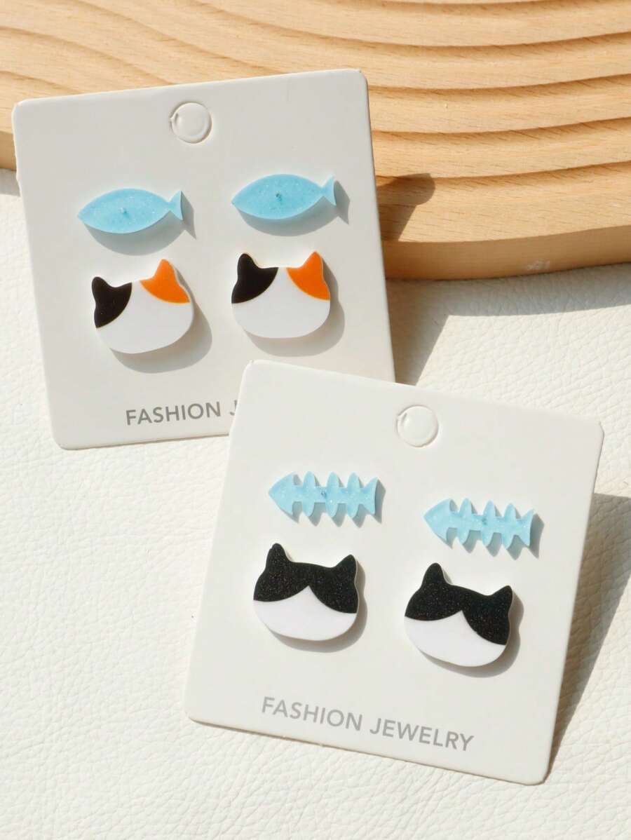 2 paar acryl bling bling vis & kat oorbellen set, schattig & leuk ontwerp, cadeaus voor vrouwen