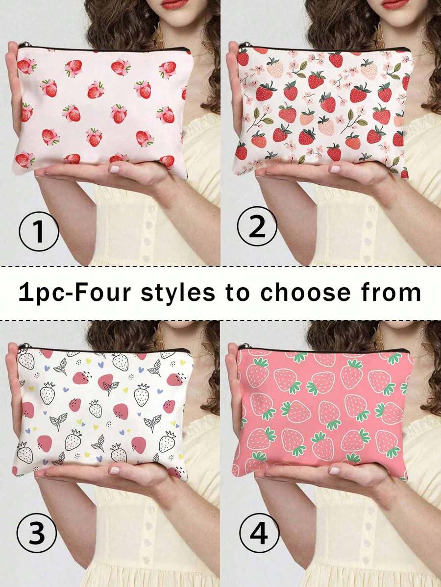 1pc Aardbeienpatroon Thema Volledige Print Make-up Tas - Lichtgewicht En Geurloze Polyester Reis Toilettas, Cartoon Aardbei Leuke Multifunctionele Canvas Tas, Oplaad Opbergtas, Essentiële Reis Make-up Tas: Meisjes Reis Reddingsboei Tas