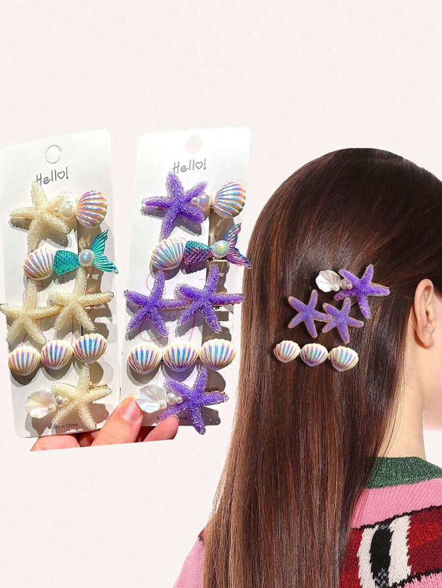 5pcs/Set Cute Pastel Starfish Hair Clips Set, Shell Mermaid Side Bangs Hairpins, High-End Feeling Hair Clips, Adorable Sweet Ocean Theme Girl Hair Accessories
