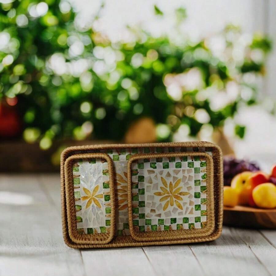 3 piezas/1 pieza Bandeja rectangular de rattan para frutas, bandeja de almacenamiento multifuncional para frutas, exquisita para restaurantes