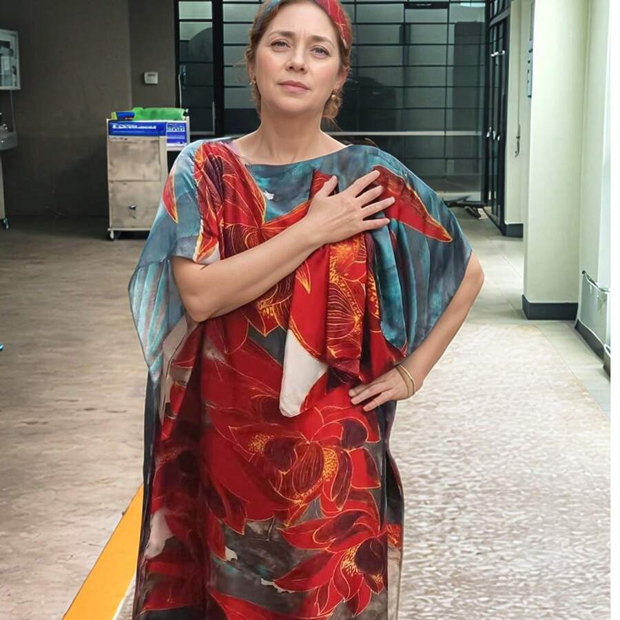 Oversized Cover-Up Beach Dress Robe, Loose Fit Anti-UV Women Bikini Coverup With European And American Placement Print Sexy Style Beach Accessories