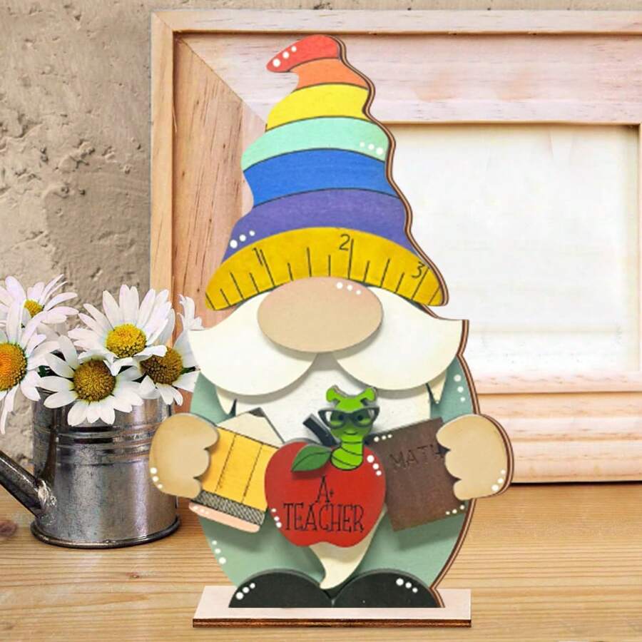 1Pc Rustieke School Wiskunde Leraar Gnome Houten Tafelblad Middelpunten Tafeldecoratie Boerderij Houten Lente Zomer Seizoen Huis Gelaagde Lade Decoraties Voor Thuis School Tafeldecoratie, Cadeau Voor Leraar