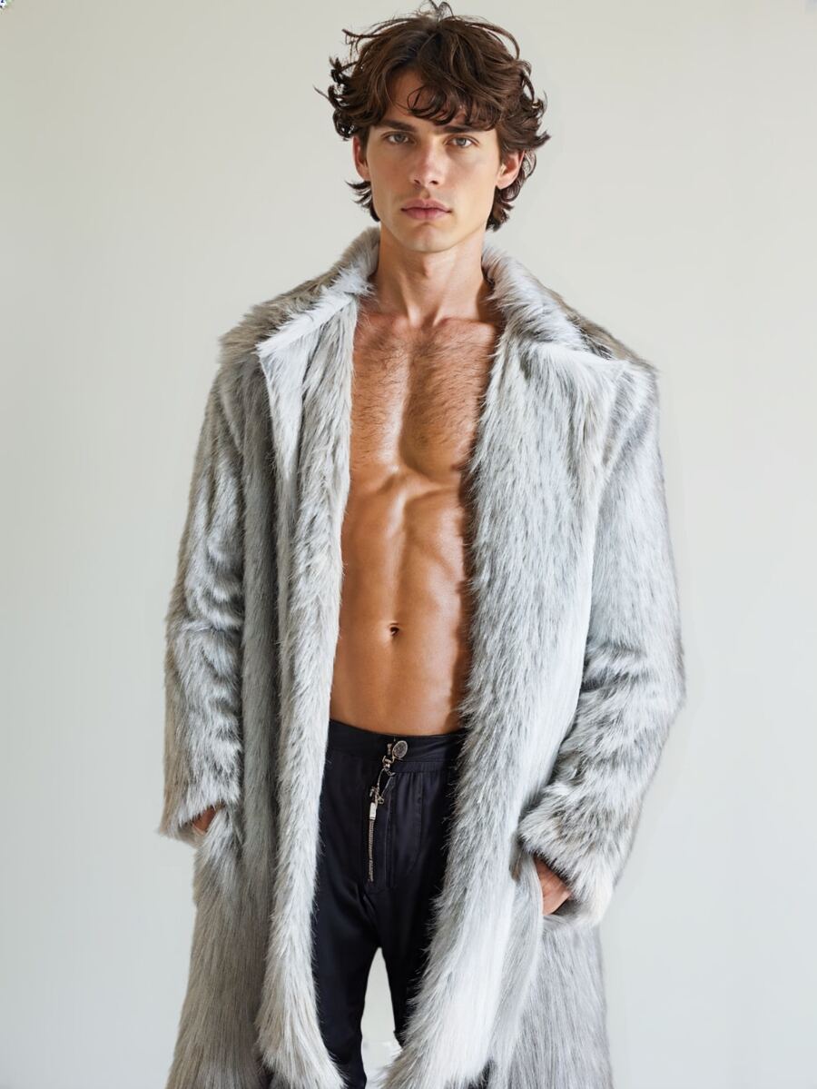 Men's Faux Fox Fur Coat Turn-Down Collar Long Winter Jacket