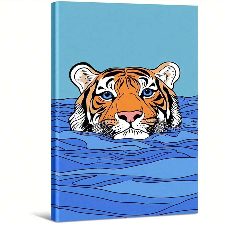 Image d'un tigre nageant dans l'eau bleue. Grande peinture murale encadrée en bois, décoration d'intérieur, peinture à l'huile - Chambre, salle de bain, salon, bureau, cuisine, cadeaux de Noël - 1 pièce