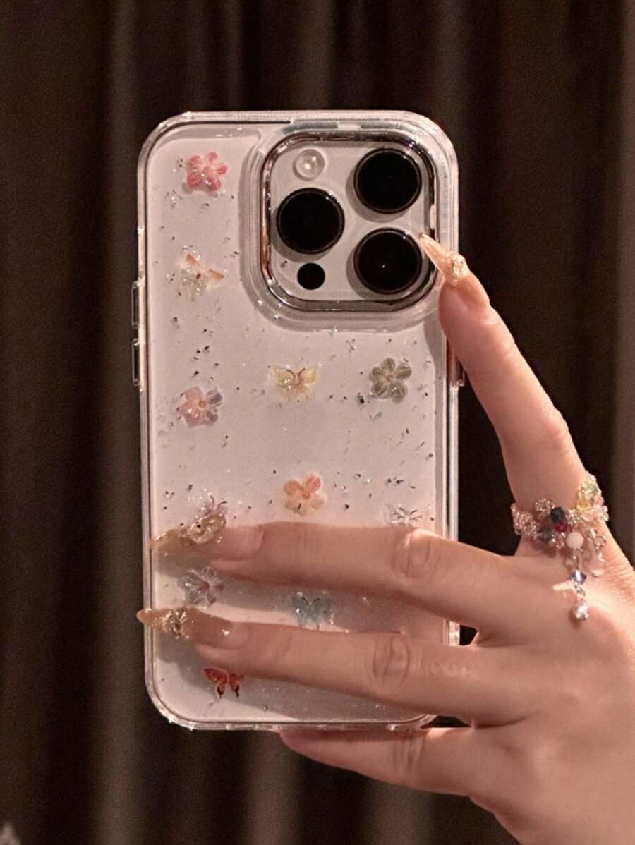 Cute Sequins Epoxy Colorful Butterfly Flower Clear Phone Case Compatible With IPhone 16 15 14 13 12 11 Pro Max Floral Stylish Shockproof Bumper Back Cover