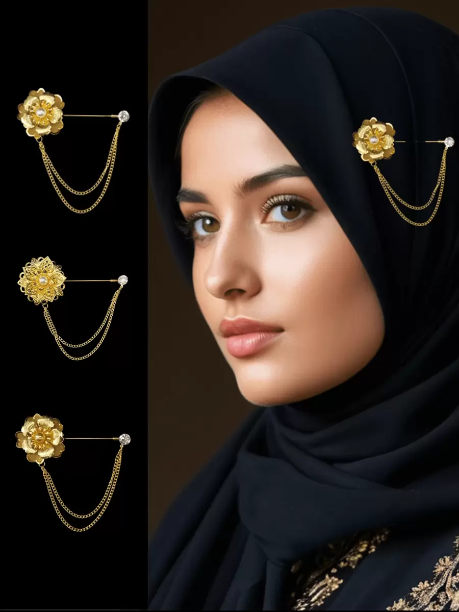 1 Peça Elegante Alfinete de Hijab, Broches de Flores da Moda com Correntes, Acessórios Estilosos de Lenço Muçulmano, Broche de Hijab