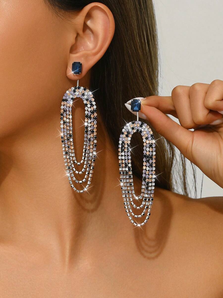 2pcs New Bohemian Rhinestone Tassel Earrings, Gold Claw Chain Glass Gem Inlaid Peach Dual Color Tassel, Luxury Jewelry For Women, Suitable For Party, Holiday, Wedding, Banquet, Prom Etc.