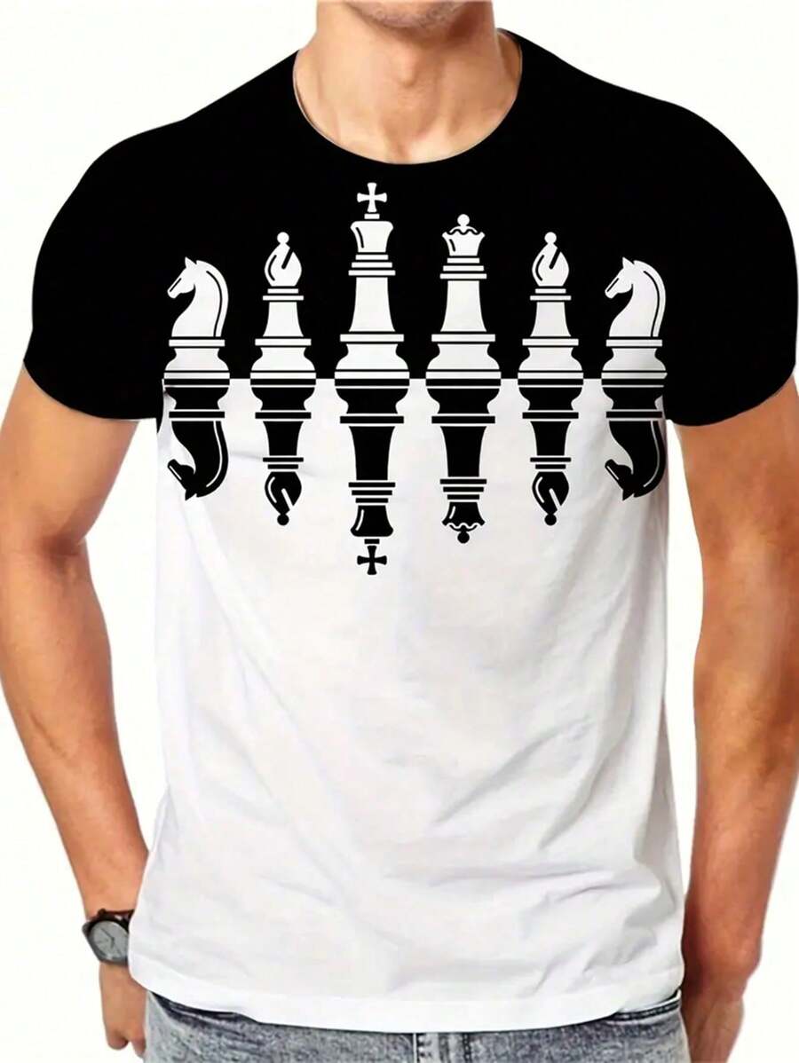 Men's Chess Print 3D Graphic Tee - Casual & Sporty Short Sleeve Crew Neck T-Shirt, Breathable Polyester, Perfect For Summer Outings - For Men - Summer Wear - Gift Idea For Chess Enthusiasts