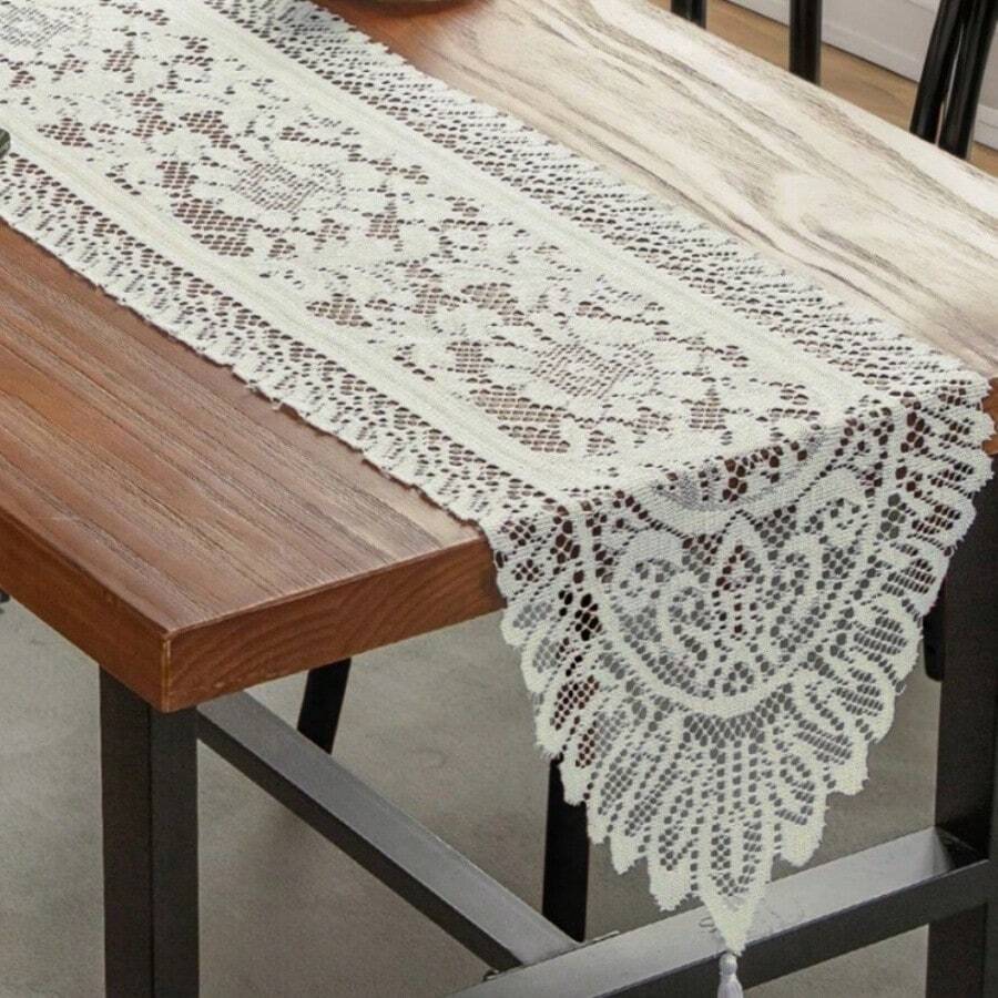 1pc Red Jacquard Lace Tassel Table Runner, Fashionable , Suitable For Christmas, Valentine's Day And Other Holiday Celebrations Table Decor