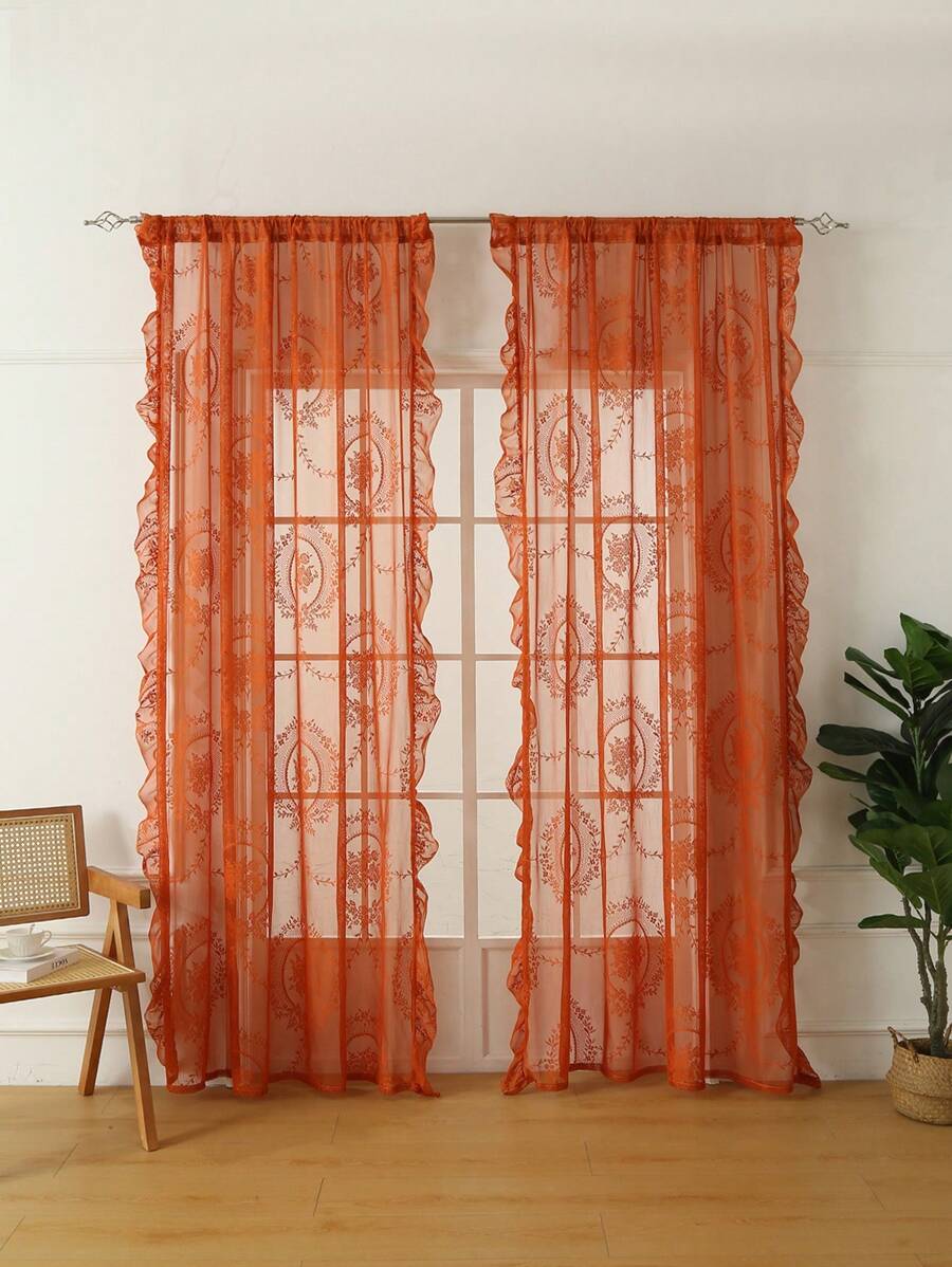 1pc French Romantic Lace Ruffled Window Curtain, Suitable For Bay Window, Living Room, Bedroom, Office, Kitchen, Study Room Home Decor