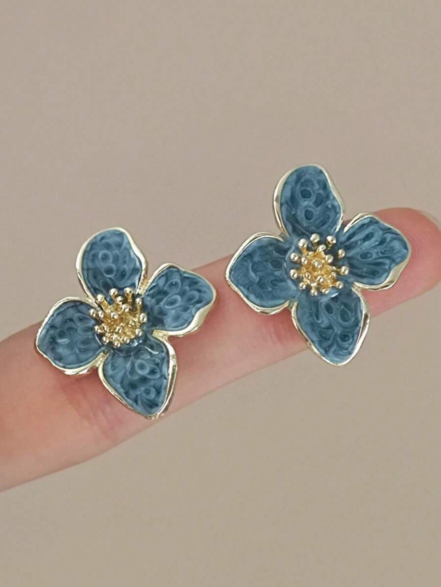 1 Pair Elegant Vintage Lightweight Luxury Asymmetrical Flower Glazed French Style Earrings, Suitable For Women Everyday And Festival Wear