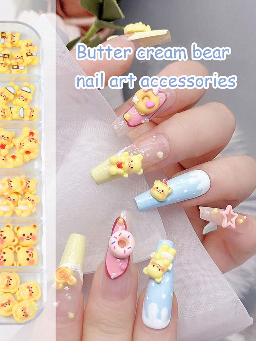 12pcs Bear Nail Art Deco 12 Grid Nail Cartoon Accessories Internet Celebrity Cute Three-Dimensional Stars Butter Bear Resin Nail Accessories For Nail Design Rhinestone Nail Crystal Diamond Nail Jewelry