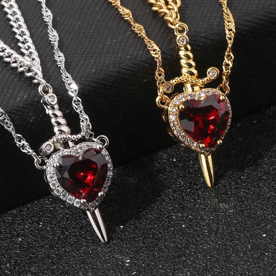 2 Pcs Gothic Punk One Arrow Through The Heart Creative Two Color Couple Necklace Red Rhinestone Heart Necklace Friend Birthday Gift