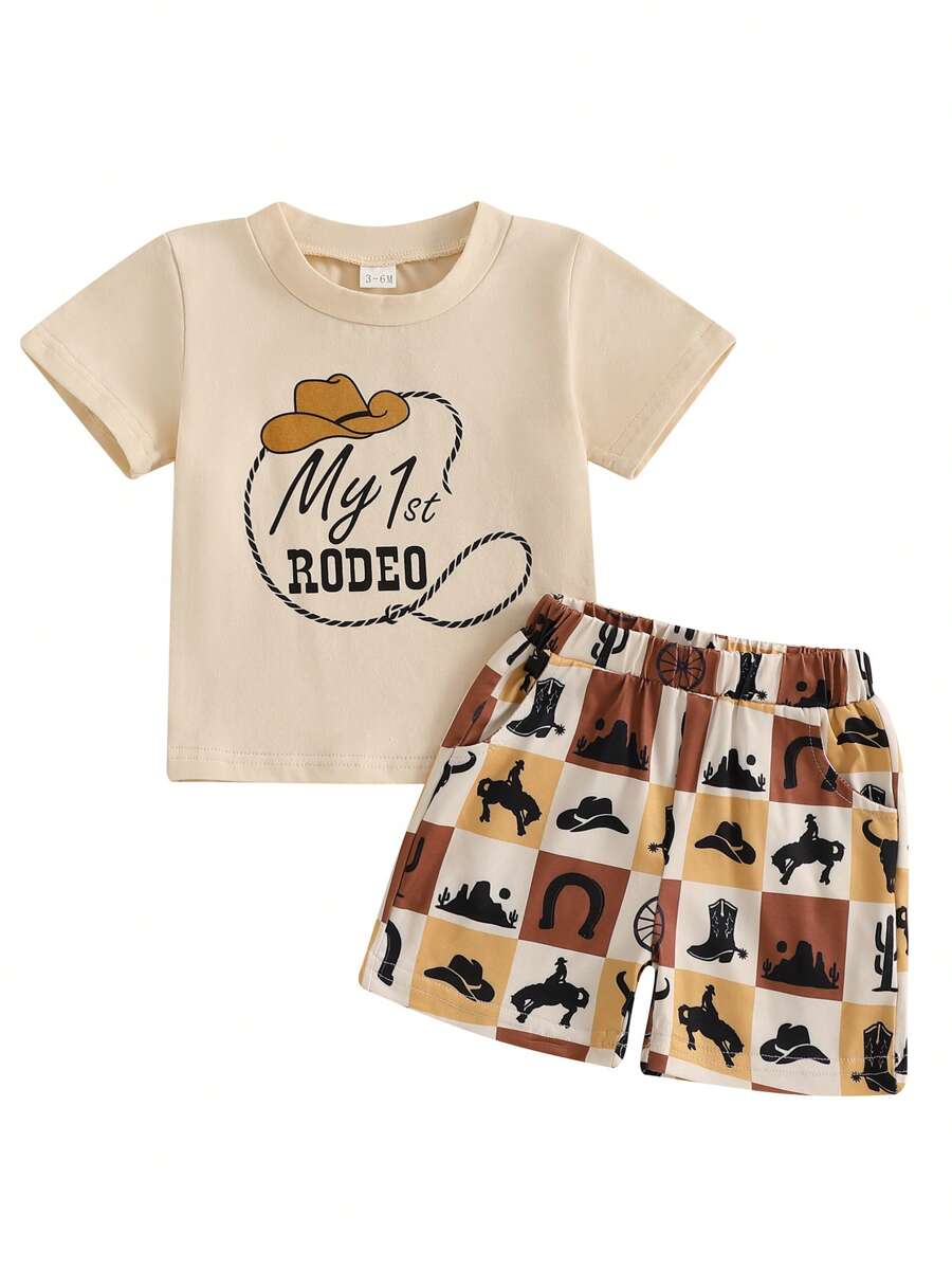 Baby Boys Western Shorts Sets Short Sleeve O Neck Letter Print Tops And Boots Print Shorts Sets