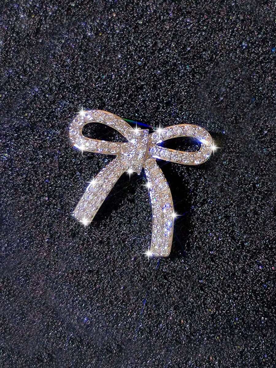 1pc Fashionable Minimalist Personalized Bow Rhinestone Copper Metal Earrings, Versatile Accessory For Parties And Events