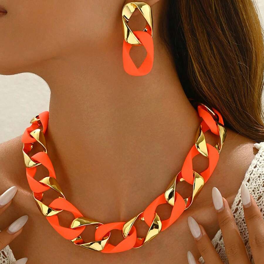 3pcs/Set Figure-8 Twist Resin Chain Necklace And Earrings Jewelry Set, High-End Luxurious Style Ornament For Women