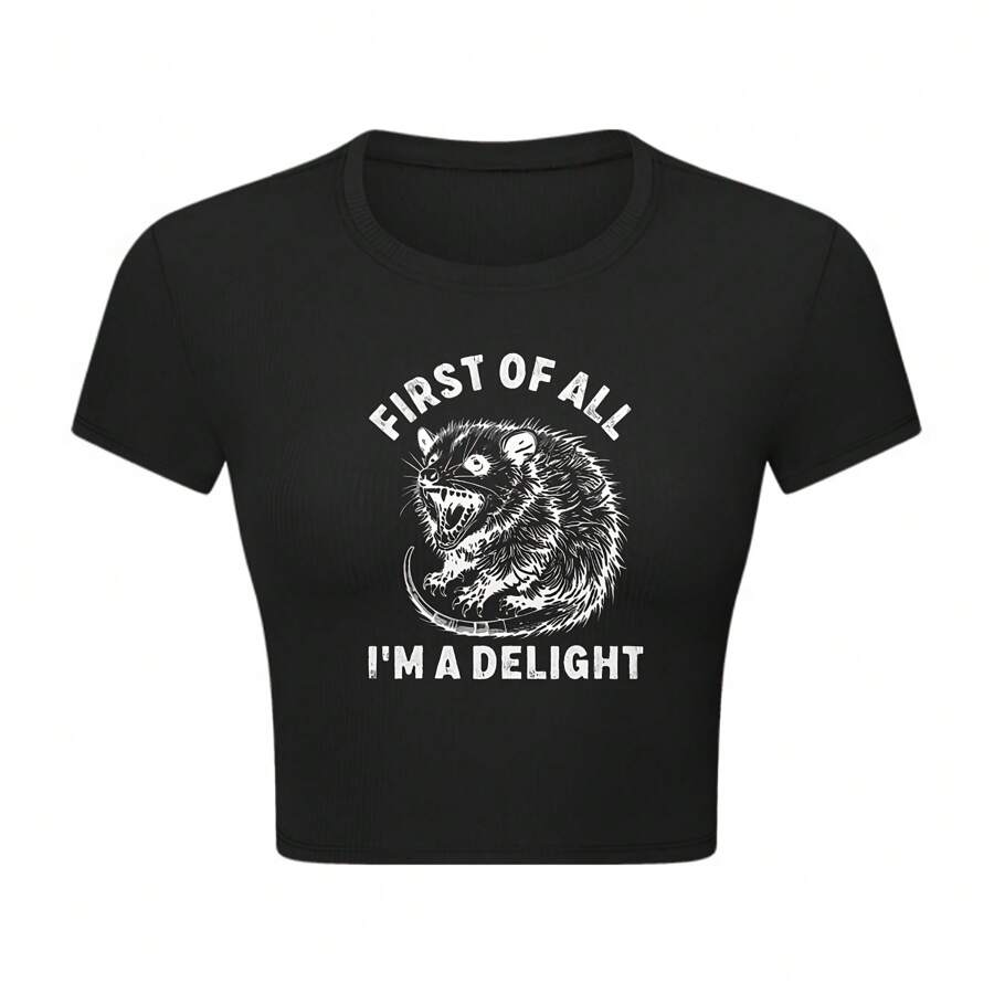 First Of All I'm A Delight - Women's Black Crop Top T-Shirt With Hedgehog Graphic