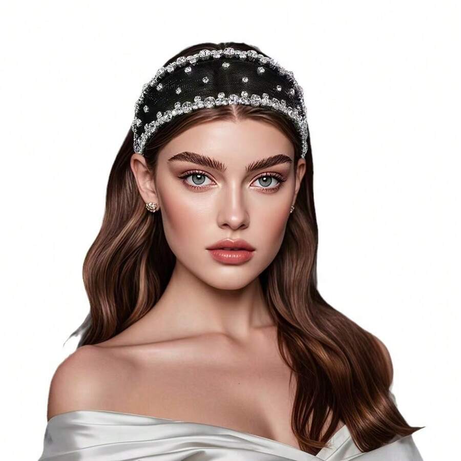 1pc Black Lace Headband, Versatile Daily Wear Hair Accessories, Netted Rhinestone Embellished Elegant Hairband For Women Headbands Hair Hoop