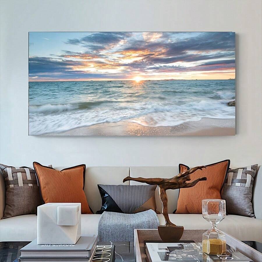1 pièce Grande affiche sur canevas sans cadre - Art moderne, œuvre murale de plage, impression de coucher de soleil sur l'océan, décoration murale côtière et nautique pour le salon, la chambre, le bureau à domicile, la salle de bain, la cuisine - œuvre d'art contemporaine pour usage intérieur