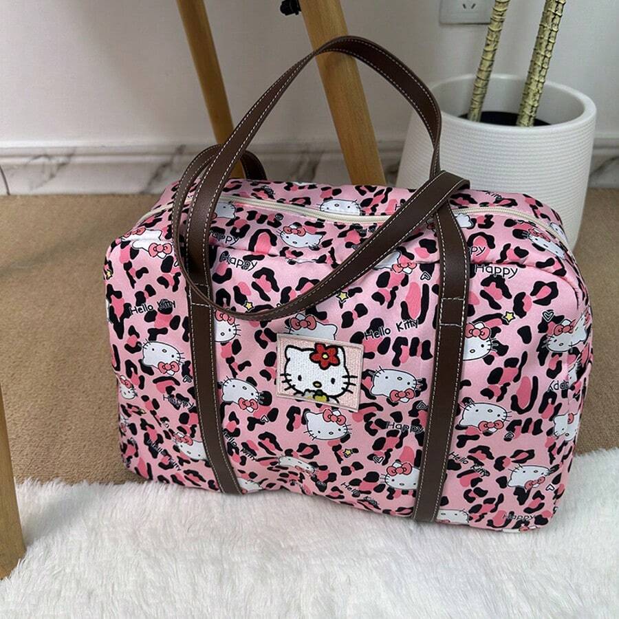 Sanrio 1 pieza Bolso de hombro vintage de Hello Kitty de Sanrio, nueva bolsa de almacenamiento de gran capacidad con estampado de leopardo, bolso de almohada lindo y a juego, bolsa de almacenamiento multifuncional con estampado floral de Hello Kitty, bolsa de almacenamiento plegable