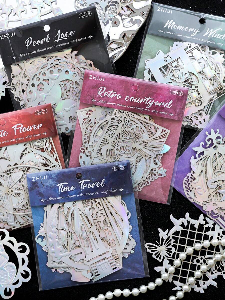 10pcs Vintage Embossed Perforated Hard Card Stickers, "Silver Dreamland" Series, For Scrapbooking, Diary DIY Decor