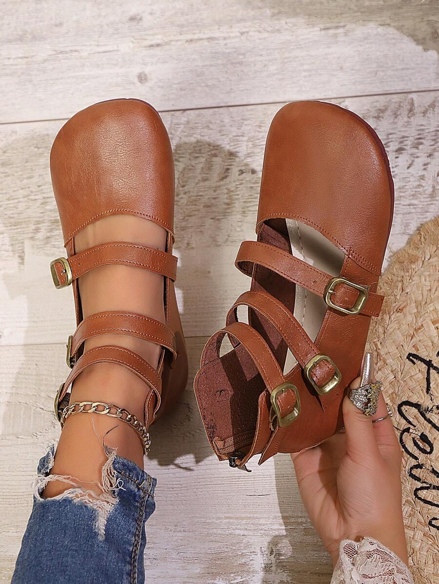 Nuevos zapatos cómodos de punta redonda tipo Mary Jane negros, mocasines planos casuales vintage dulces con hebilla