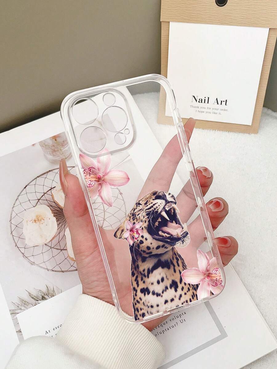 Fierce Animals 1pc TPU Hoge Transparante Kleurrijke Gedrukte Luipaard & Bloemenpatroon Schokbestendige Telefoonhoes Compatibel met iPhone 11/12/13/14/15/16 Pro Max