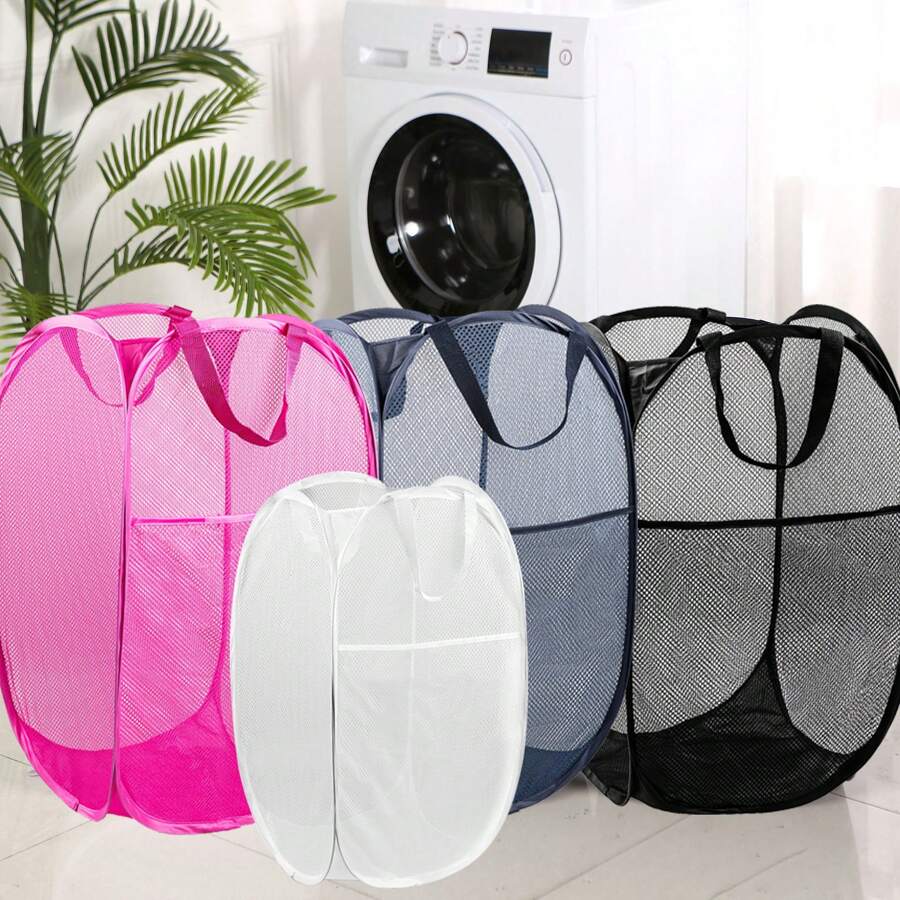 Collapsible Mesh Pop Up Hamper With Wide Opening And Side Pocket – Breathable, Sturdy, Foldable, And Space-Saving Design For Clothes And Storage.
