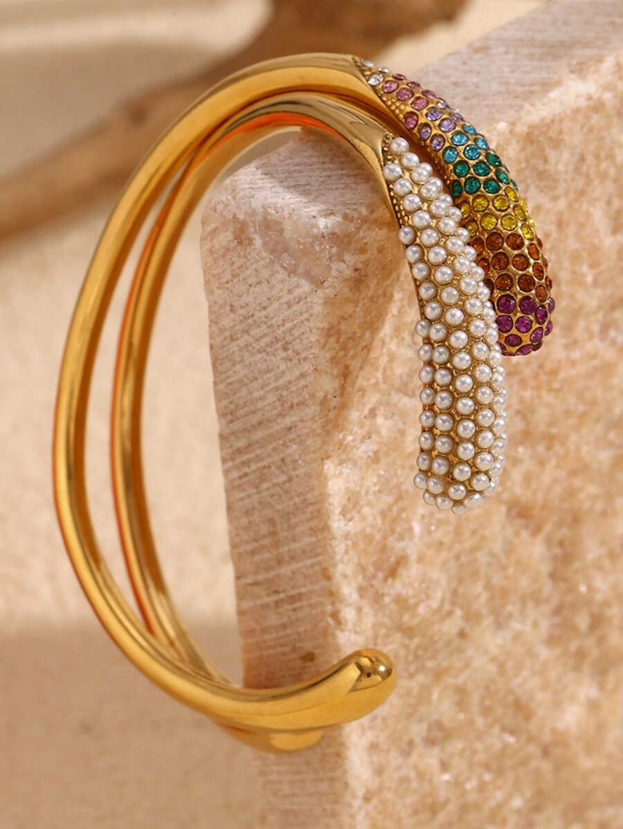 1pc Elegant Stainless Steel Bracelet With 18K Gold Plated, Rhinestones & Pearl Elements, Waterproof And Non-Fading, Suitable For Women's Gift