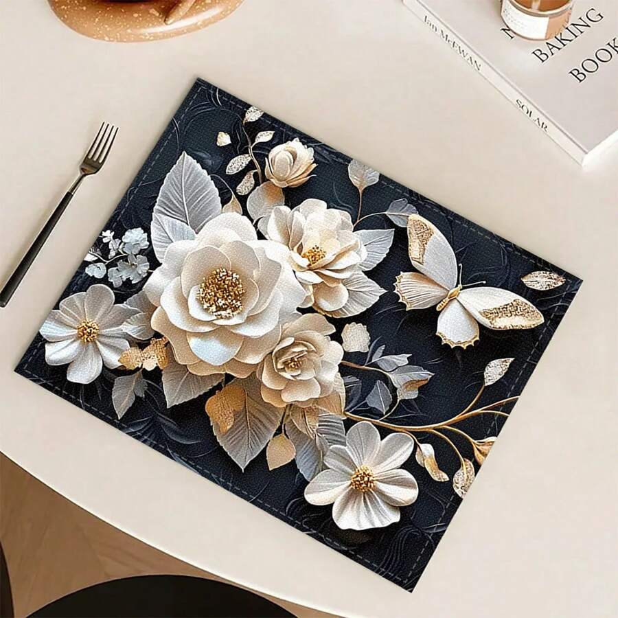 4 pièces Sets de table rectangulaires en lin tissé vintage européen imprimé floral - Sets de table résistants à la chaleur et antidérapants pour la table à manger, la cuisine - Décoration de table à manger, de café