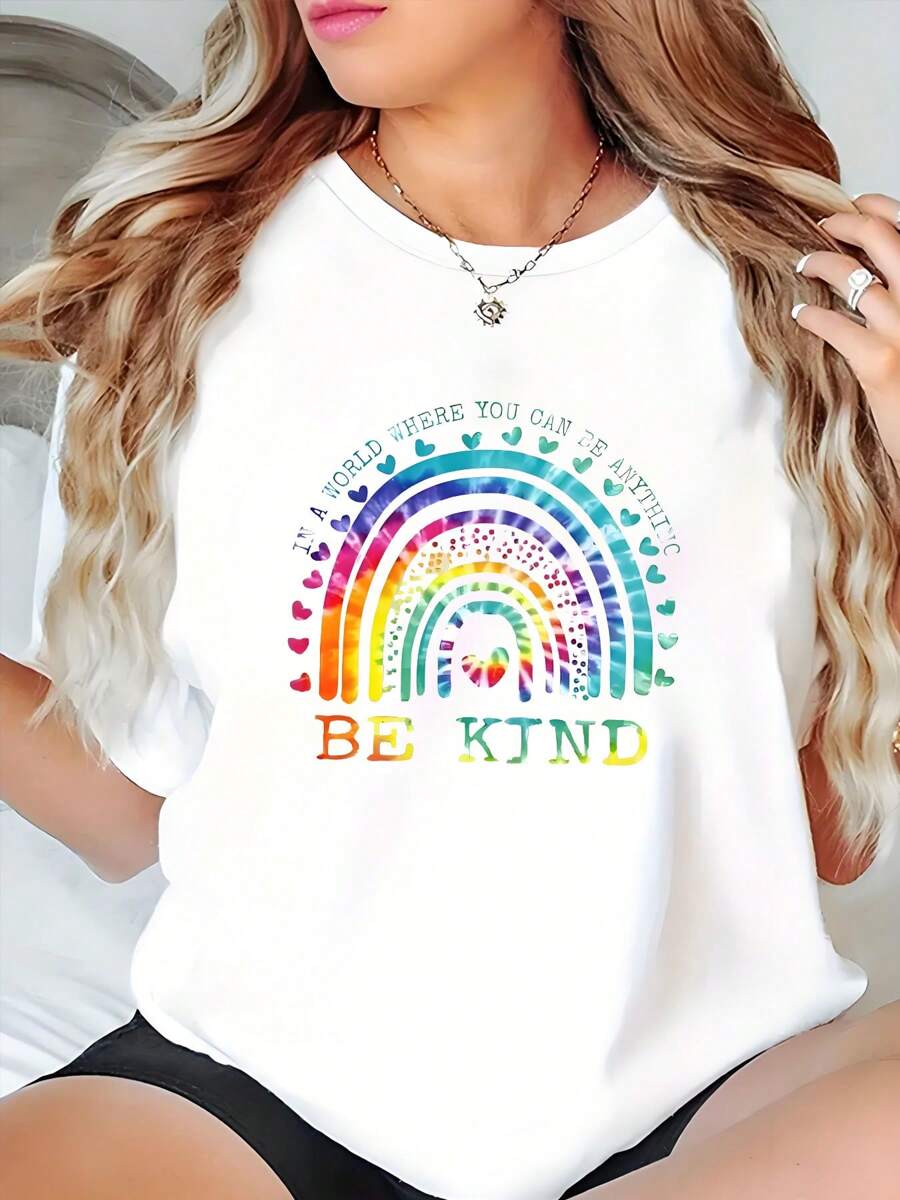 Be Kind Tie Dye Rainbow Choose Kindness Women Kids Girls Print Women's T-Shirts Presents For Women Suitable For All Seasons Round Neck Tops