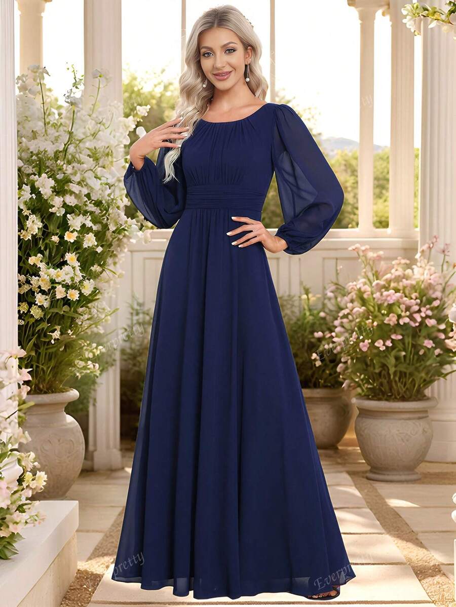 EVER-PRETTY Elegante vestido de dama de honor de gasa con cuello redondo y manga farol en azul marino para invitados de boda