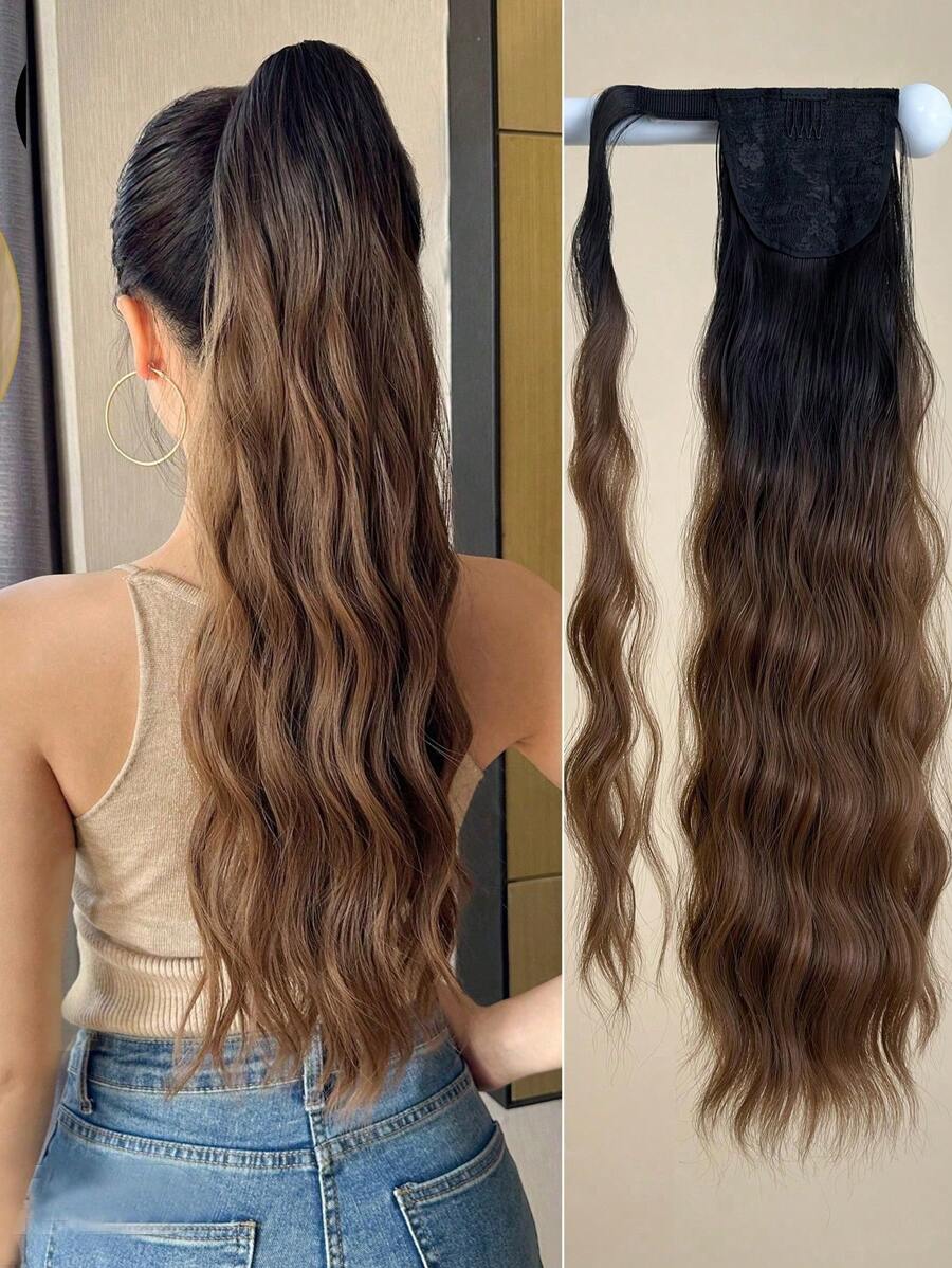 Wrap Around Ponytail Extension Ombre 22 Inch Long Water Wave Pony Tail Hair Heat Resistant Firber Synthetic Hairpiece For Girls Women Daily Use Black Brown