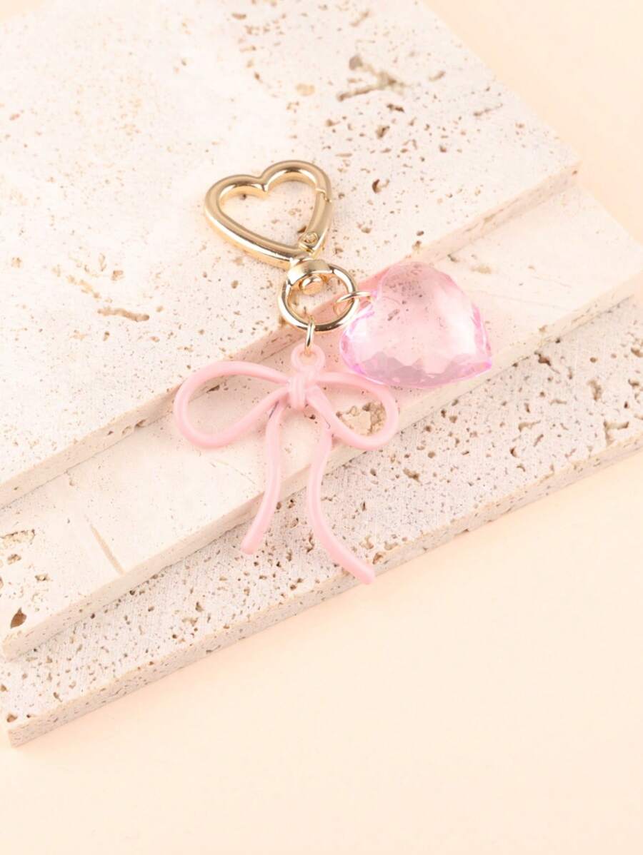 1 pièce Porte-clés style coréen femme avec nœud papillon, pendentif cœur transparent, tour de cou minimaliste pour téléphone, accessoire de sac, cadeau pour meilleure amie