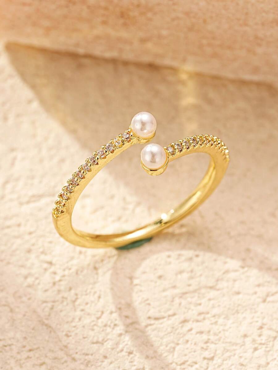 1pc Small Pearl Micro CZ Gold Bypass Ring, Dainty Cubic Zirconia Pearls Bypass Open Adjustable Rings For Women Gold Jewelry