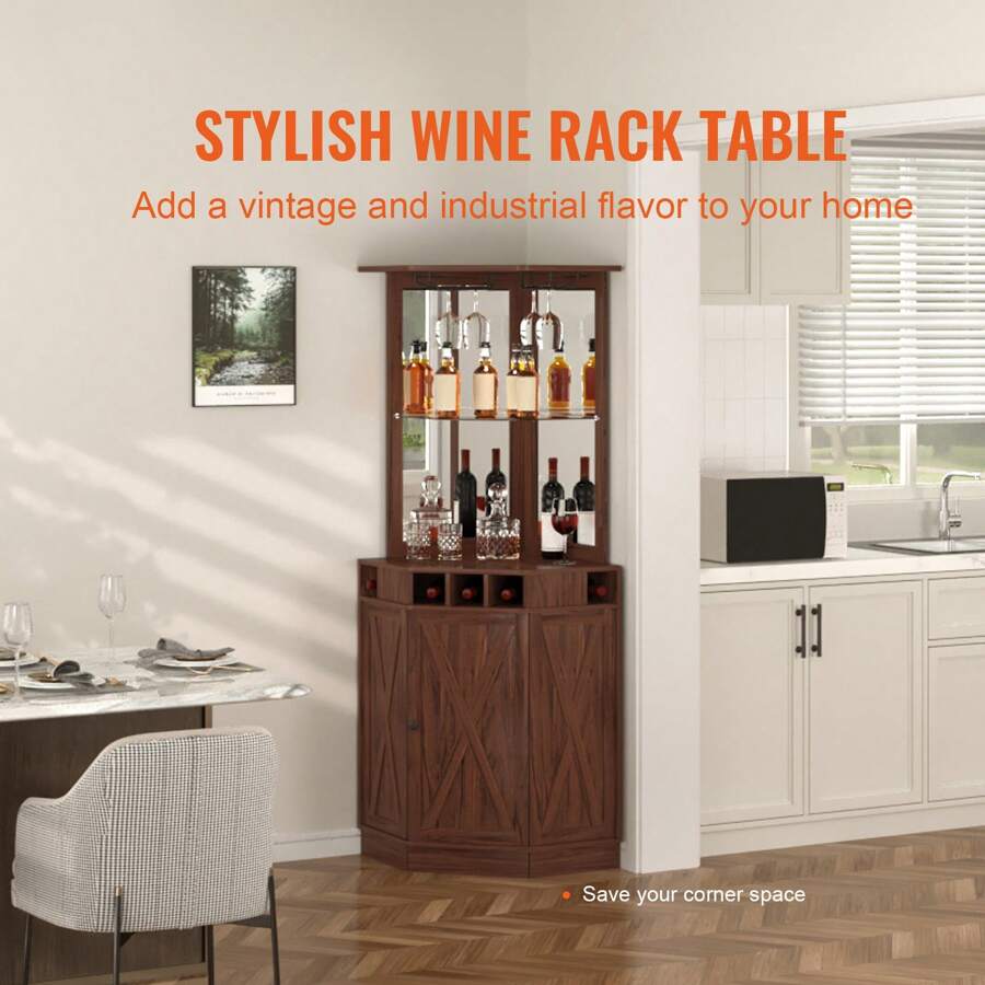 KFFKFF Corner Industrial Bar Cabinet, Wine Table For Liquor & Glasses, Sideboard Buffet Cabinet With Glass Holder, Freestanding Farmhouse Wood Coffee Bar Cabinet For Living Room, Home Bar, Black Walnut