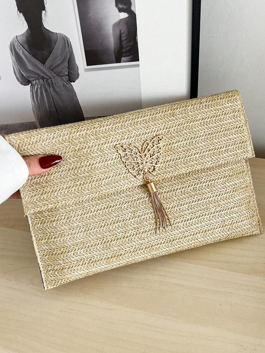 1-Piece Straw Bag With Flap And Bow Decoration Small Bag For Women, Suitable For Daily Shopping And Dating, Fashionable Hand-Held Envelope Bag For Women