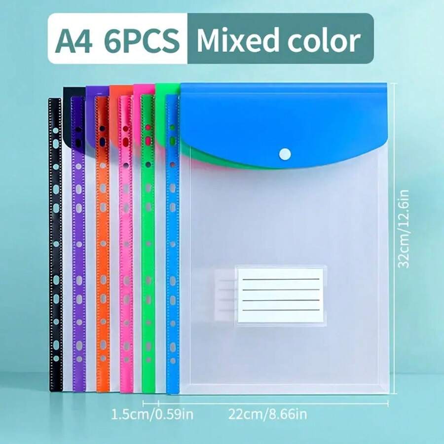 6 piezas de Archivos Multiusos A4 de Alta Capacidad, con anillas de encuadernación y bolsillos con 11 agujeros, de material PP moderno, con botón expansible y bolsillos para etiquetas, adecuados para la escuela, el hogar, la oficina, la asistencia y los viajes - Diseño portátil, vuelta al colegio, material escolar