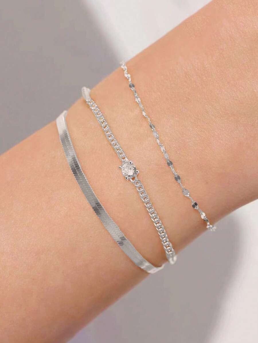 Nooxian 3 pièces Set d'accessoires pour les mains en métal argent multicouche, chaîne de lame de rasoir en acier inoxydable unique, chaîne à lèvres et chaîne à boules avec breloques en cubique de zircone cuivrées taillées, bracelets de bijoux pour femmes