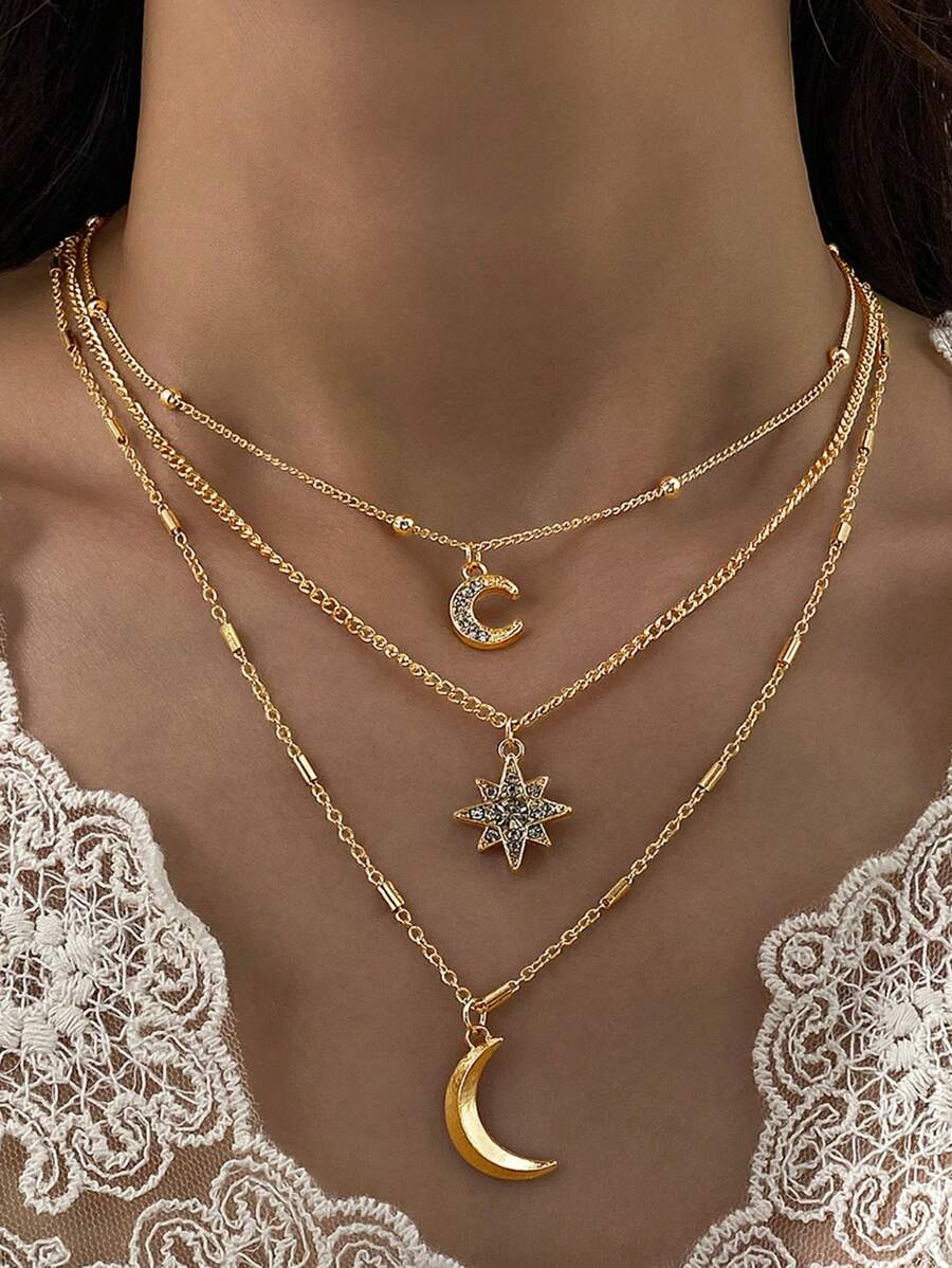 1pc Women's Vintage Layered Necklace With Rhinestone Studded 8-Pointed Star & Moon Pendant, Suitable For Party/Gift