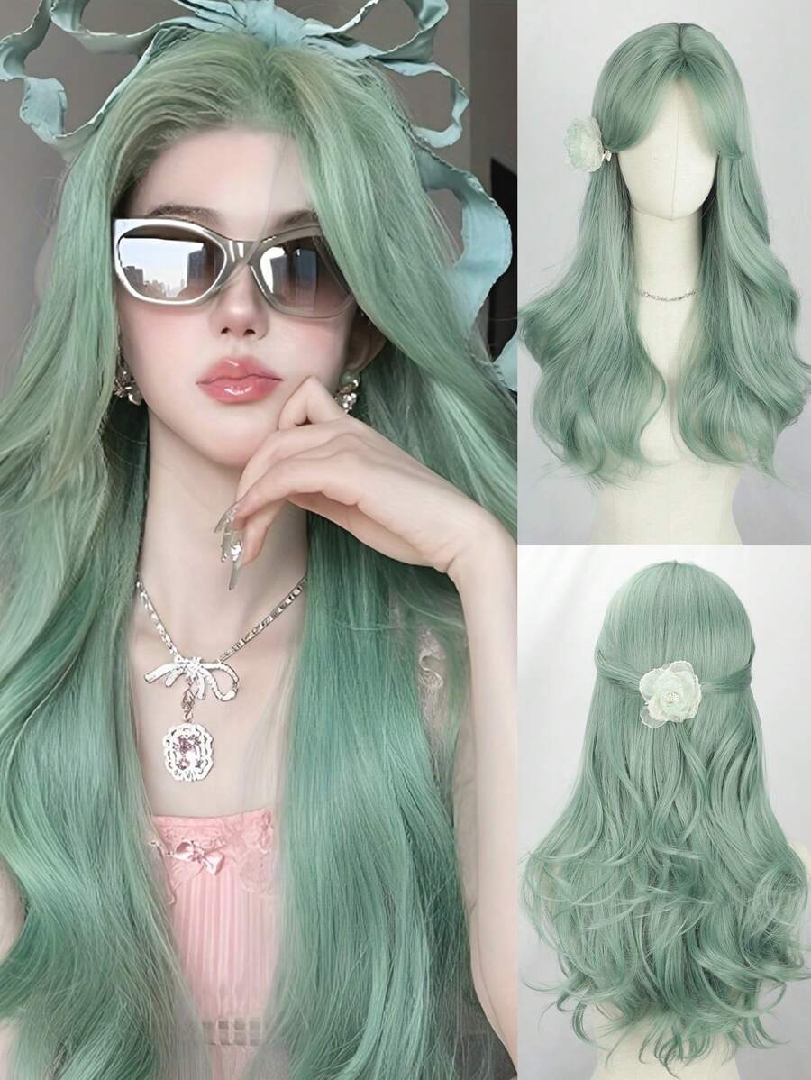 Long Wavy Wig With Bangs, Synthetic Fiber, Multi-Color Wavy Wig, Suitable For Daily And Party Use, Natural Smooth And Realistic Wig (Excluding Acessories)