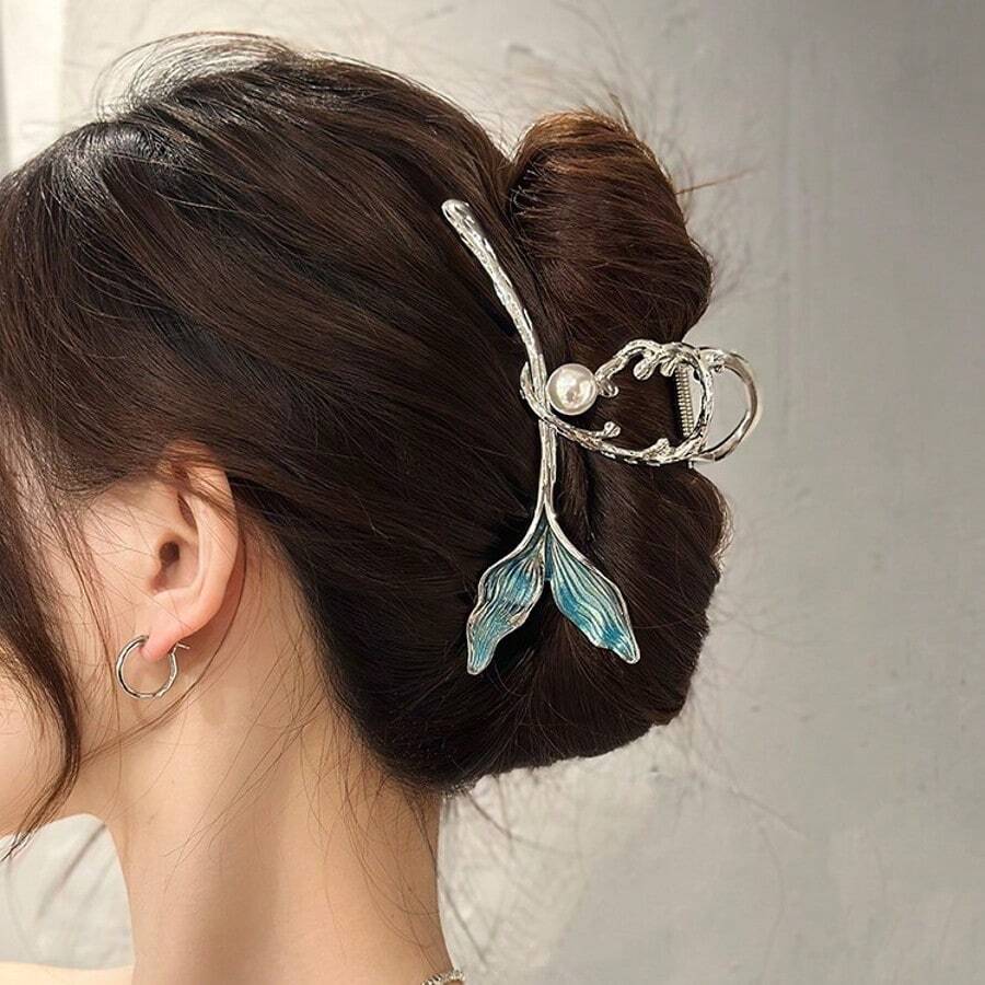 1 pieza Pinza de pelo de metal con estilo de cola de sirena color azul para mujeres, con perla y pinza de pelo, accesorio elegante para recogido